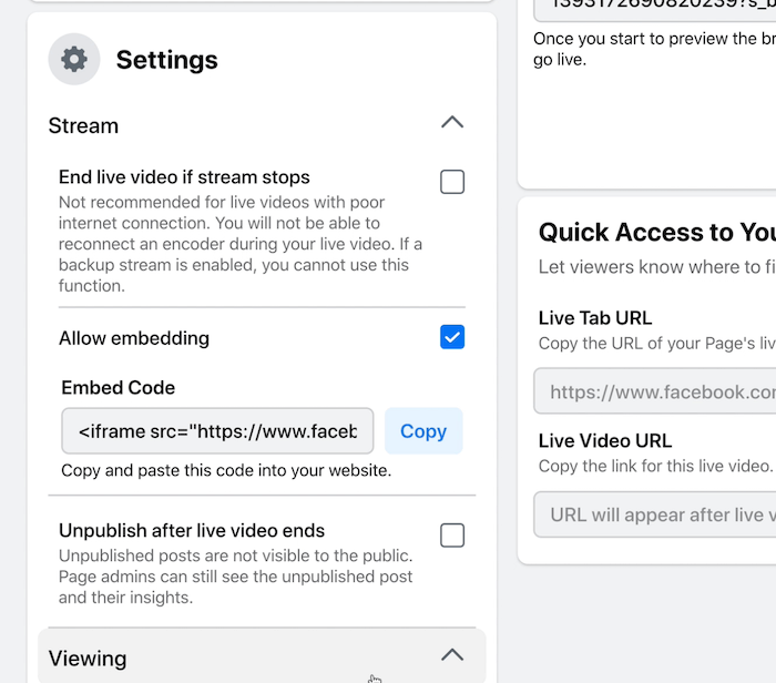 facebook live stream kringkasting stream innstillinger for å avslutte live hvis stream stopper, tillate innebygging med innebygd kode, og oppheve publisering av video etter live avslutter