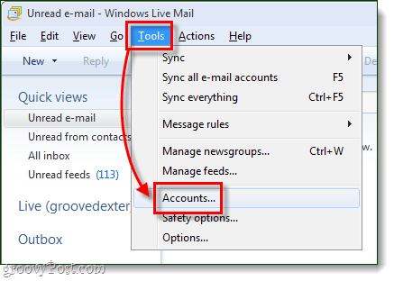 windows live mail tools kontoer