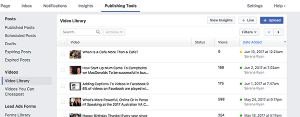 Facebook-videobiblioteket ditt inneholder alle publiserte og upubliserte videoer. Videoer med en gul prikk er ikke publisert, og videoer med en grønn prikk blir publisert.