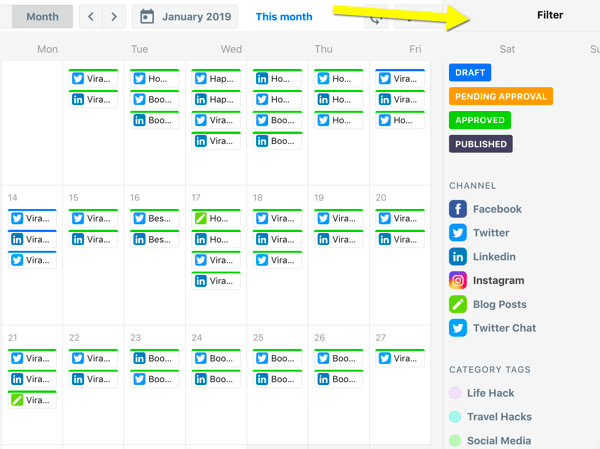 Hvordan organisere sosiale medier markedsføringsoppgaver, ContentCal kalenderoversikt med filtre