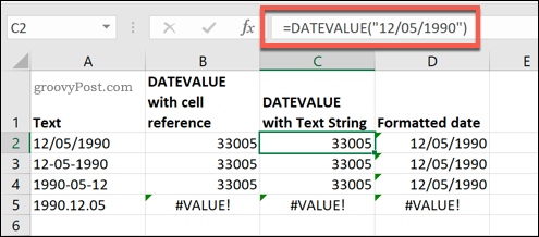 DATEVALUE-funksjonen som brukes i Microsoft Excel