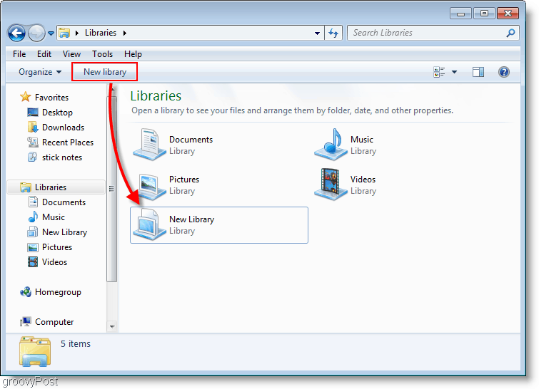 hvordan lage et nytt bibliotek i windows 7