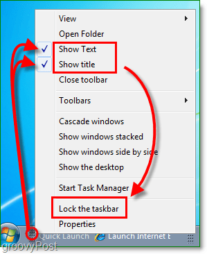 deaktiver hurtigoppstart av tekst og tittel i windows 7, lås oppgavelinjen