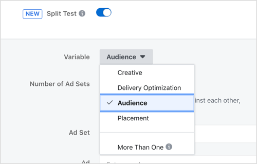 Velg en variabel du vil teste med funksjonen for deling av Facebook.