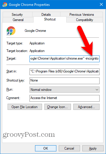 Legg til -incognito til Chrome Desktop snarvei