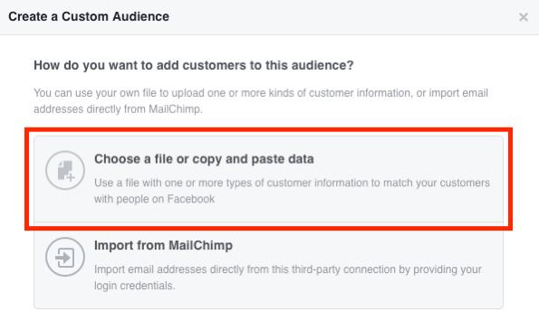 Velg Velg en fil eller Kopier og lim inn dataene for å opprette din Facebook-tilpassede e-postmålgruppe.
