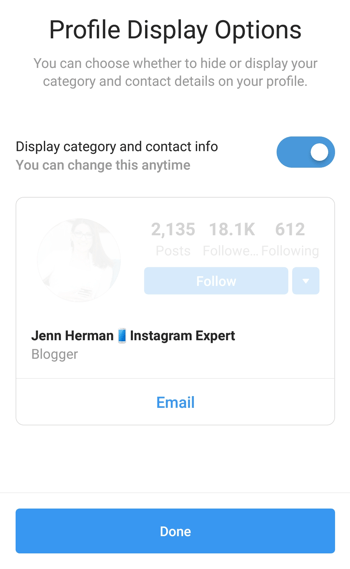 Instagram Creator Profile Kategorivalg og visning.