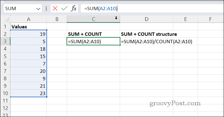 Beregning av gjennomsnitt med SUMCOUNT i Excel