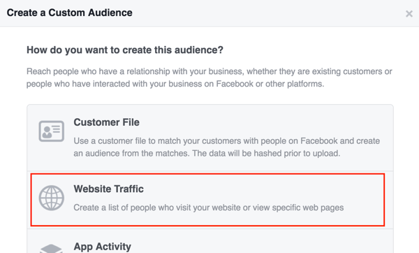 Lag et Facebook-tilpasset publikum basert på trafikk på nettstedet.