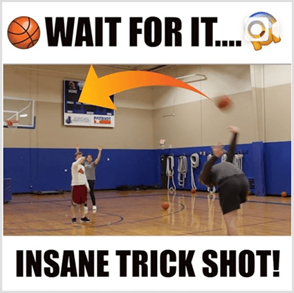 Et Instagram-miniatyrbilde av videopost har hvite søyler og svart tekst over og under et bilde av en hvit mann som gjør et triks med en basketball i et treningsstudio. Toppteksten har en basketball-emoji og teksten Vent på den. Den nederste teksten sier Insane Trick Shot!