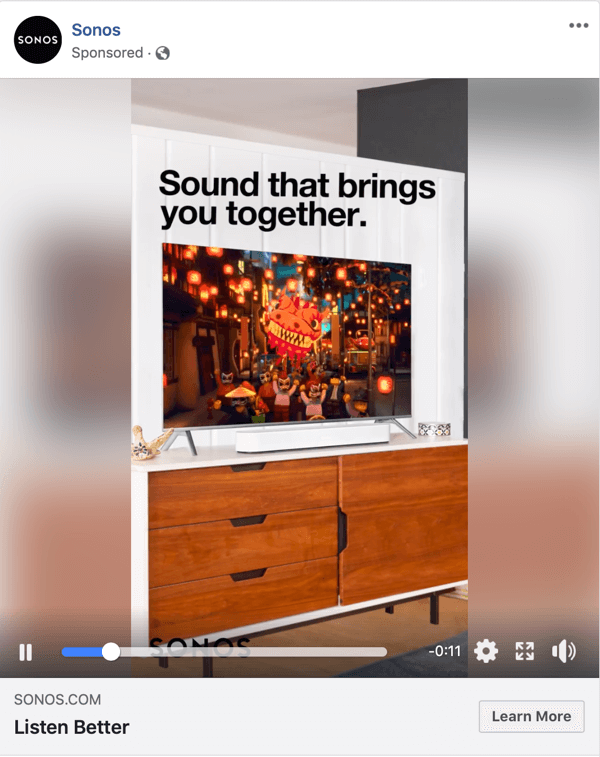 Eksempel på en Facebook-videoannonse av Sonos.