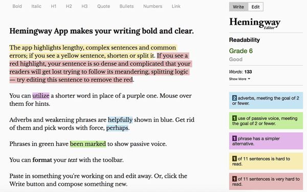 Hvordan skrive og strukturere tekstformerte Facebook-innlegg i lengre form, best practices, Hemingway App