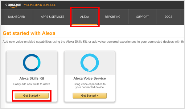 Klikk på Kom i gang-knappen under Alexa Skills Kit.