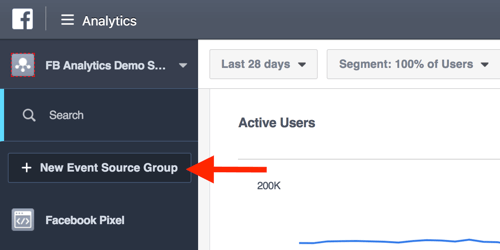 Opprett kildegrupper for hendelser fra dashbordet på Facebook Analytics.