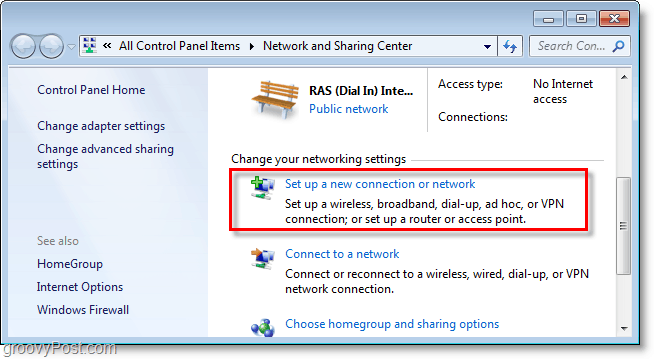 sette opp en ny tilkobling eller nettverk i Windows 7