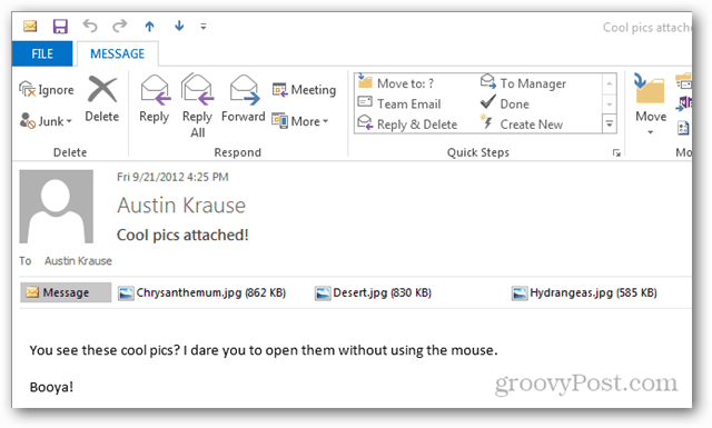 Slik åpner du vedlegg i Outlook 2013 uten mus