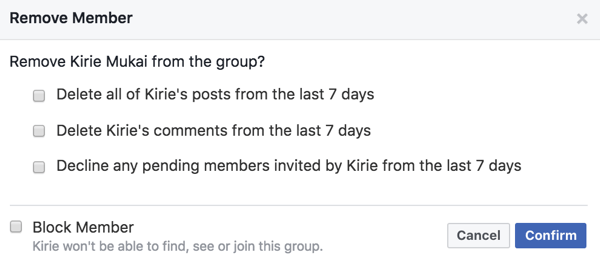Du kan slette medlemmers innlegg, kommentarer og invitasjoner når du fjerner dem fra Facebook-gruppen din.