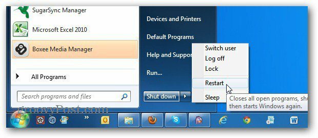 Endre startknappen for Windows 7-startmenyen til alltid starte på nytt