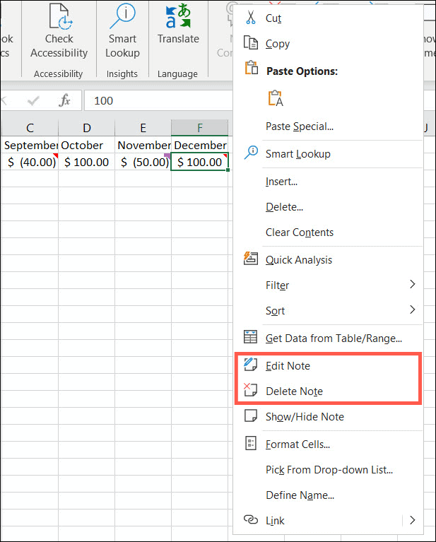 Rediger eller slett notater i Excel