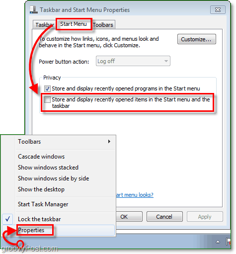 Slik deaktiverer og tømmer du Windows 7 Hopplistehistorie