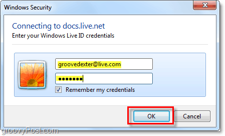 angi brukernavnet og passordet for Windows Live-kontoen din i Microsoft Office 2010