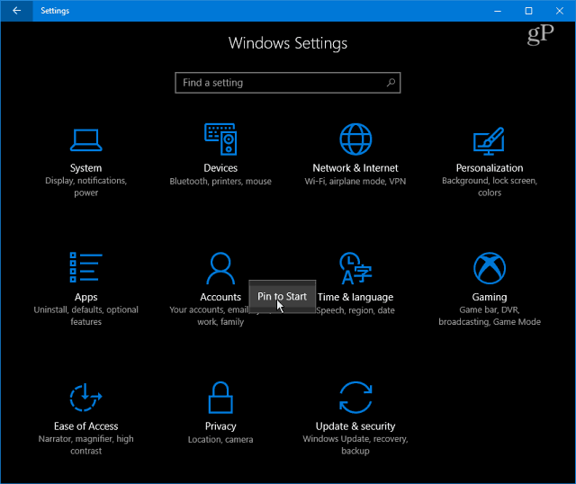 Windows 10 Innstillinger kategorier