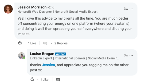 eksempel på svar på kommentar i LinkedIn-innlegg