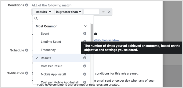 verktøytips når du setter opp betingelser for automatisert Facebook-regel