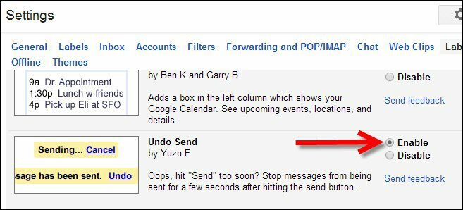 Aktiver Undo Send via Gmail Labs