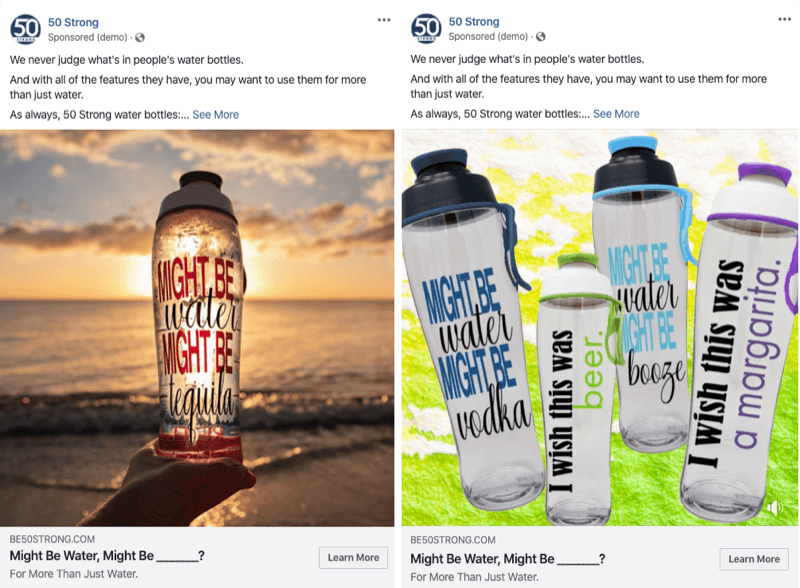 to Facebook-annonser med forskjellige bilder for å teste med Facebook-eksperimenter
