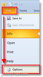 i Outlook 2010 bruker du filbåndet for å åpne alternativer