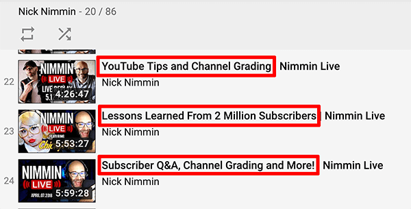 Dette er et skjermbilde av YouTube-videotitler fra Nick Nimmin-kanalen.