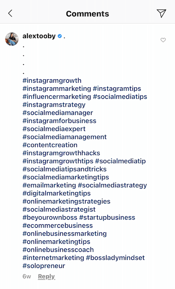 eksempel på en instagramkommentar fra @alextooby bestående av 30 relevante hashtags