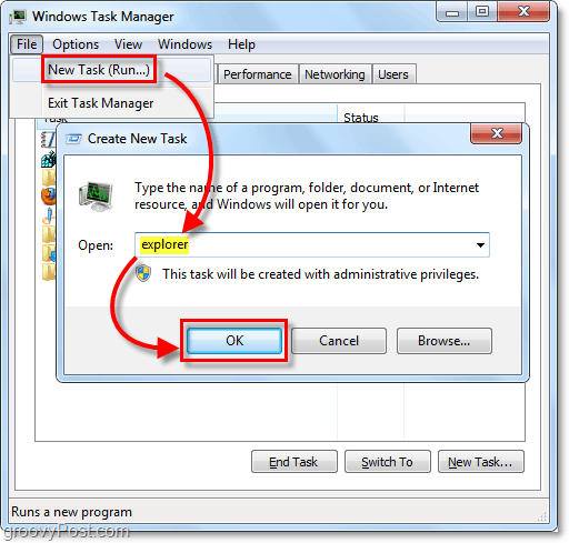 start explorer i Windows 7 uten å starte open explorer på nytt