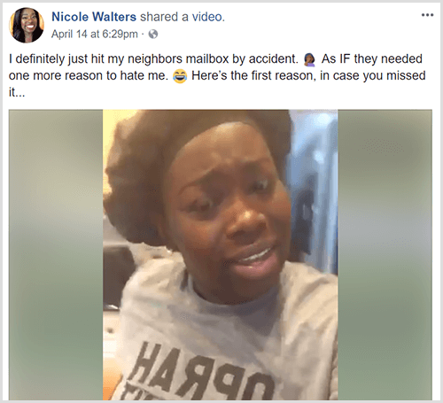 Nicole Walters la ut en Facebook-video med en tekstinnledning som sier at hun bare traff naboens postkasse ved et uhell. Nicole har på seg et svart hodeomslag og en grå t-skjorte.