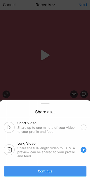 instagram videoopplasting med delingen som meny trukket opp og det lange videoalternativet valgt