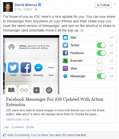 "Facebook Messenger-brukere med iPhones eller iPads kan nå dele bilder eller lenker direkte til applikasjonen etter en oppdatering til iOS-appen."