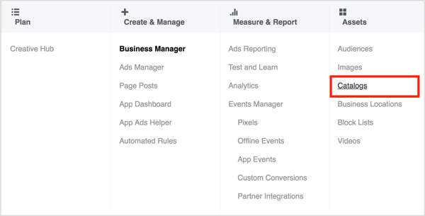 For å få tilgang til Catalog Manager, åpne Business Manager og velg Catalogs.