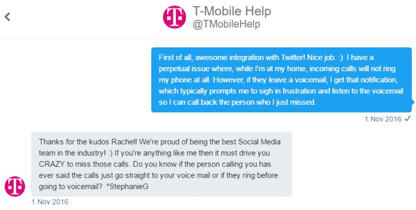En T-Mobile kundeservicerepresentant kunne kommunisere med meg en-til-en og null inn på problemet mitt.