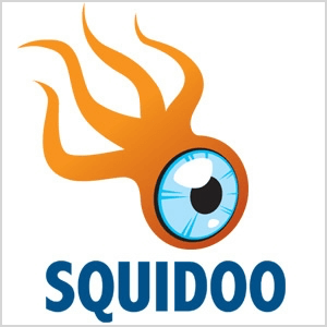 Dette er et skjermbilde av Squidoo-logoen, som er en oransje skapning med fire tentakler og stort blå øyeeple.