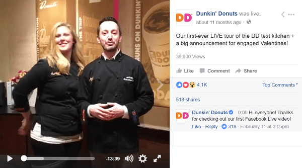 Dunkin Donuts bruker Facebook Live-video for å ta fansen bak kulissene.