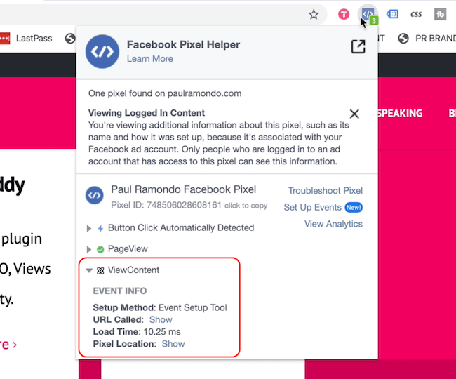 Facebook Pixel Helper som viser sidevisning og innholdshendelser