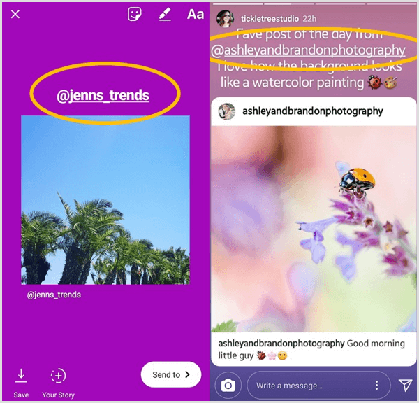 Legg til en tekstboks som viser den opprinnelige brukeren, og merk dem i et nytt delt Instagram-innlegg.