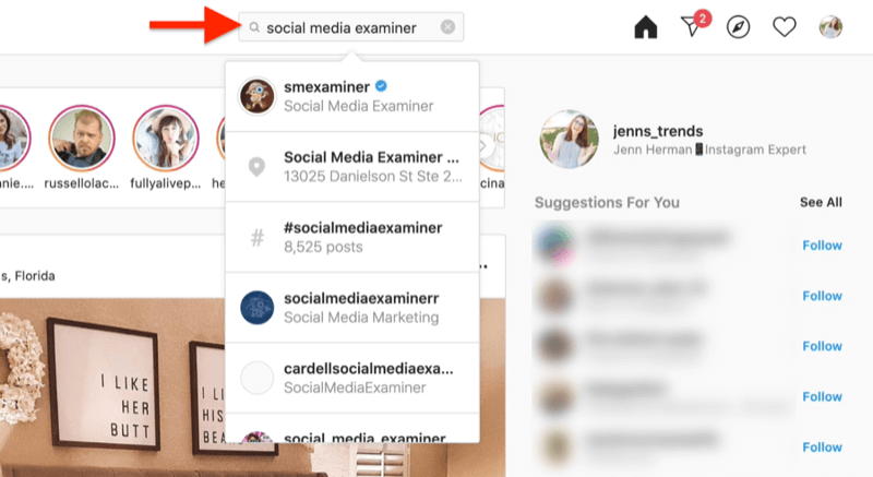 skjermbilde på skrivebordet som viser et søk etter en instagram-konto ved hjelp av søkeordene til sosiale medier