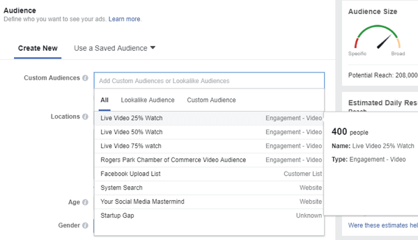 Når du velger et publikum for Facebook-annonsen din, må du sørge for å velge den egendefinerte målgruppen for folk som så på livevideoene dine.