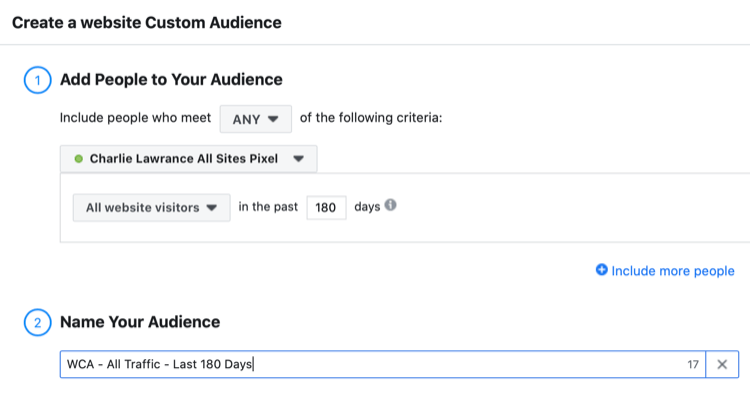 sette opp Facebook-nettsted tilpasset publikum for alle besøkende de siste 180 dagene