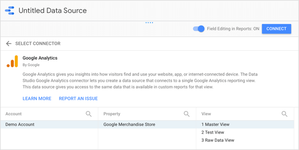 Velg Google Analytics-kontoen, eiendommen og visningen du vil bruke.