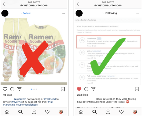 Hvordan du strategisk kan vokse Instagramet ditt, trinn 12, finne relevante eksempelinnlegg, eksempel på gode og dårlige innlegg