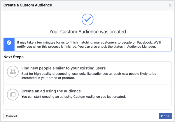 Din tilpassede målgruppe ble opprettet melding som vises etter at du har opprettet et tilpasset publikum for Facebook