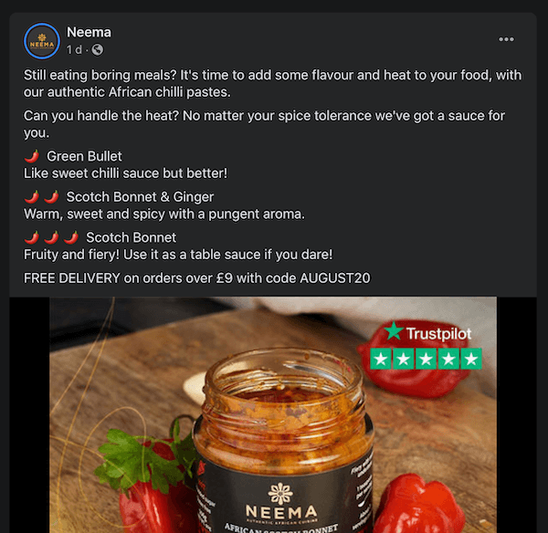 facebook-innlegg av neema som diskuterer deres forskjellige chili-pastaer og tilbyr rabatt